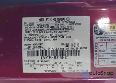 2008 Ford Mustang Gt Deluxe/Gt Premium z USA, uszkodzony, nr VIN 1ZVHT85H385140417